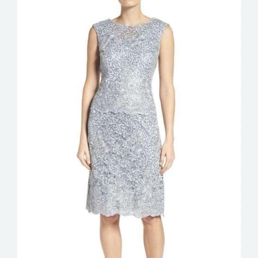 Alex Evening Silver Sequin Lace Sleeveless Cocktail Party Sheath Dress 4P PETITE